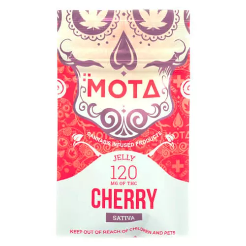 Cannabis-infused cherry jelly packaging with skull design, 120mg THC by Mota.