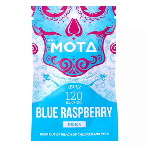 Mota cannabis-infused blue raspberry jelly, 120mg THC, Indica.