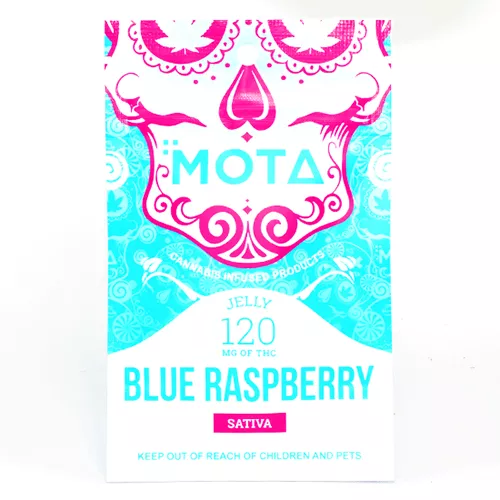 Mota Blue Raspberry Sativa Jelly, 120mg THC cannabis-infused product packaging.