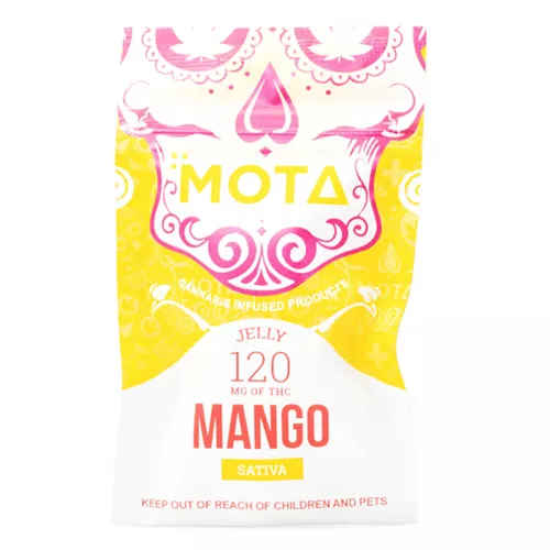 MOTA cannabis-infused mango jelly, 120mg THC, sativa strain, vibrant packaging.