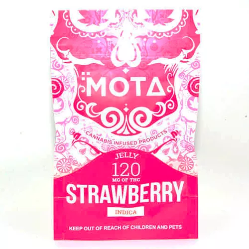 MOTA cannabis-infused strawberry jelly, 120mg THC, Indica strain.