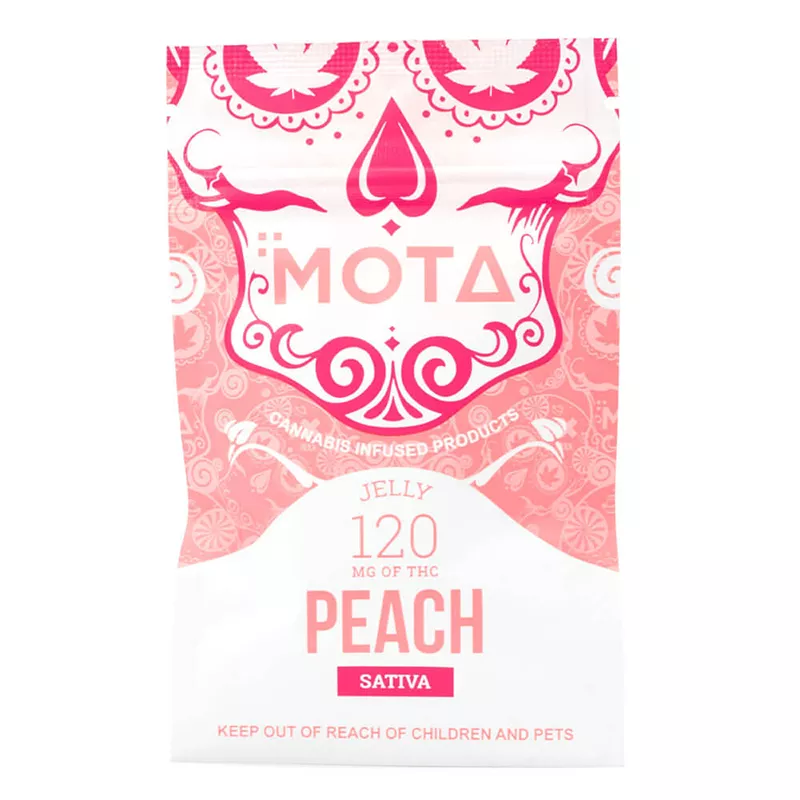 Cannabis-infused peach jelly by MOTA, 120mg THC, Sativa strain.