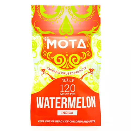 MOTA cannabis-infused watermelon jelly, 120mg THC, indica strain, vibrant packaging.
