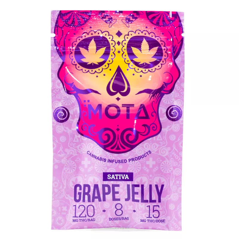 Mota Grape Jelly THC edible packaging with sugar skull and cannabis leaves.