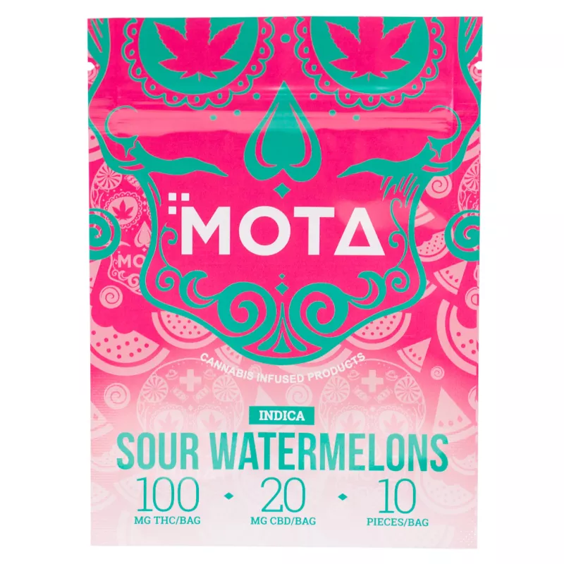 MOTA Cannabis-Infused Sour Watermelon Gummies - 100mg THC, 20mg CBD Package.