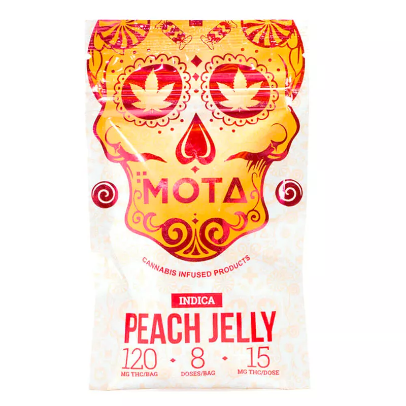 Cannabis-infused peach jelly by MOTA with 120mg THC in vibrant skull packaging.