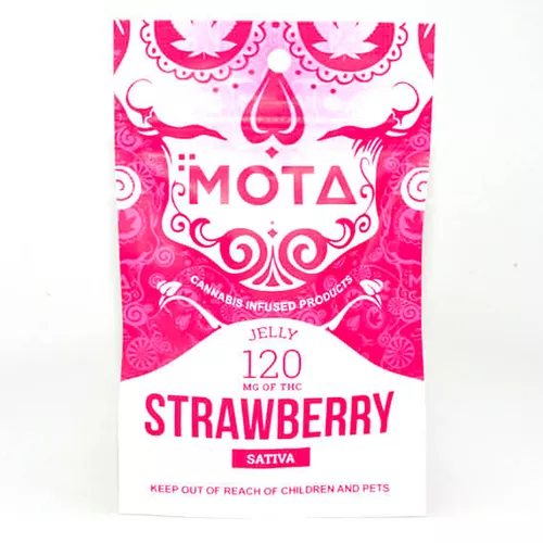Strawberry-flavored sativa cannabis jelly packaging, 120mg THC, vibrant pink design.