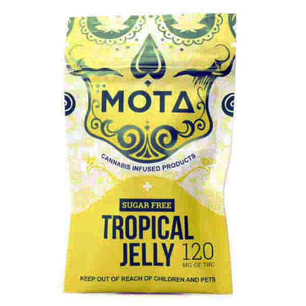 Bright yellow MOTA Tropical Jelly cannabis-infused packaging, 120mg THC, sugar-free.