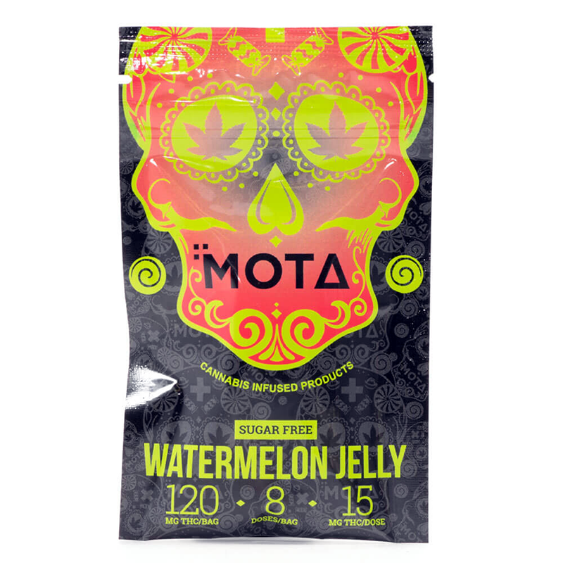 Cannabis-infused watermelon jelly with colorful Dia de los Muertos skull packaging.