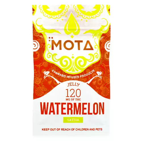 Cannabis-infused watermelon jelly, 120mg THC, MOTA brand, sativa strain packaging.