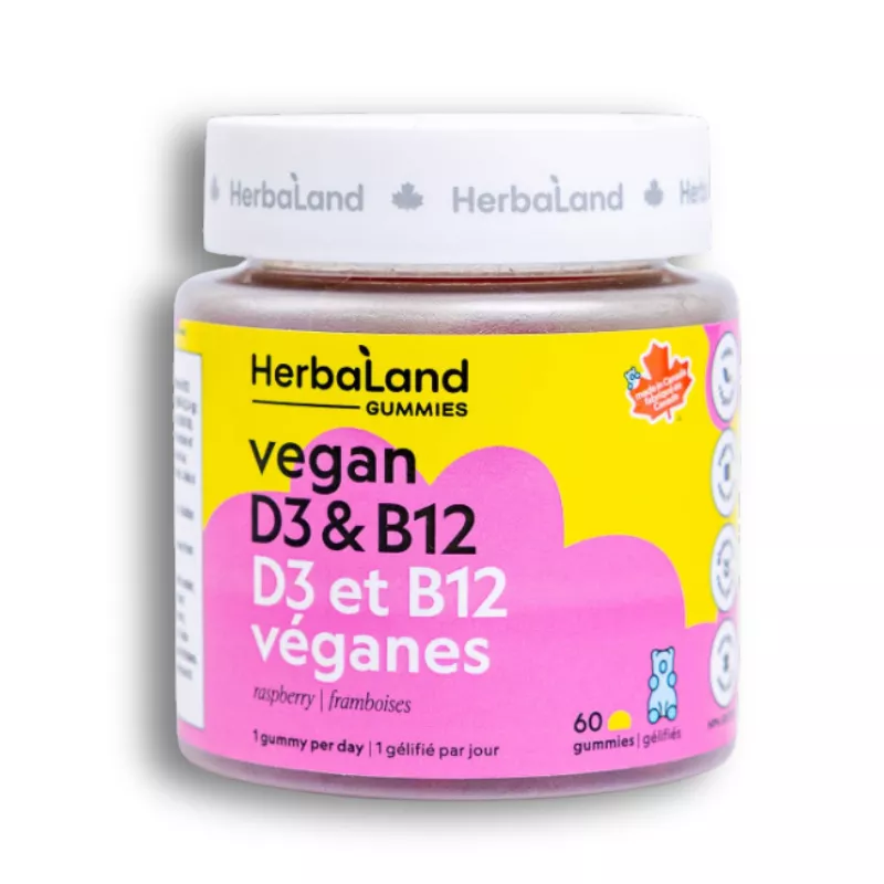 Vegan Vitamin D3 B12 gummies, Herbaland, raspberry flavor, Canadian, health supplement, 60 count.