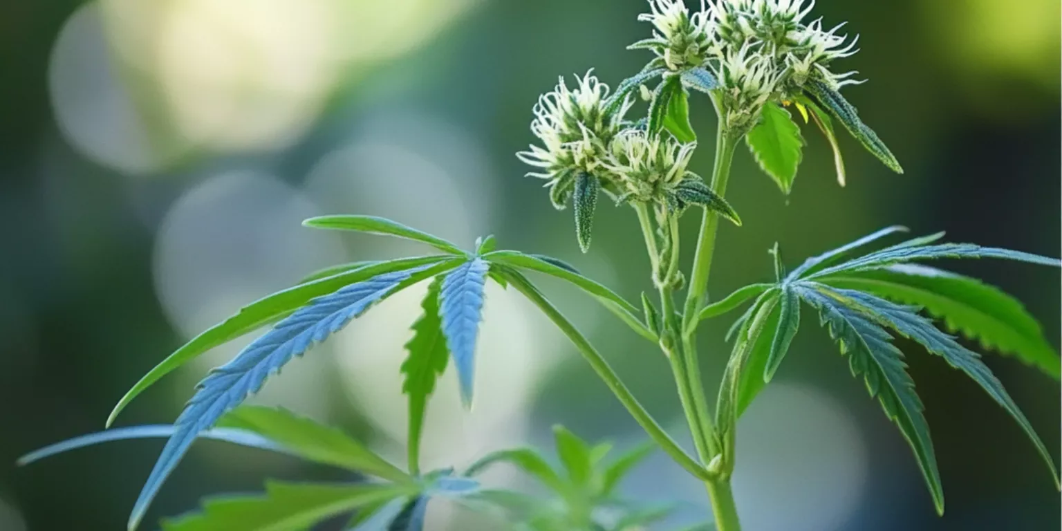 Close-up of blooming cannabis plant with vibrant leaves against a blurred green background.