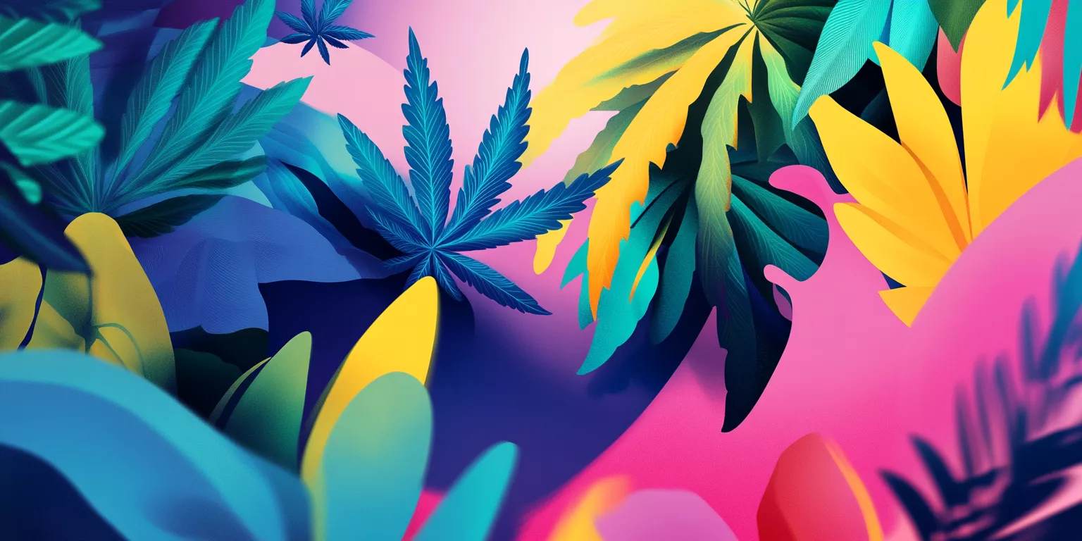 Vibrant abstract leaves artwork with dynamic colors, highlighting blue and yellow focal points.