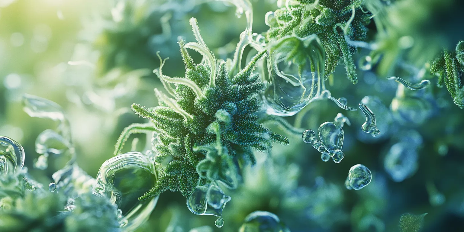 Close-up of vibrant cannabis buds with trichomes, dewdrops, and ethereal background.