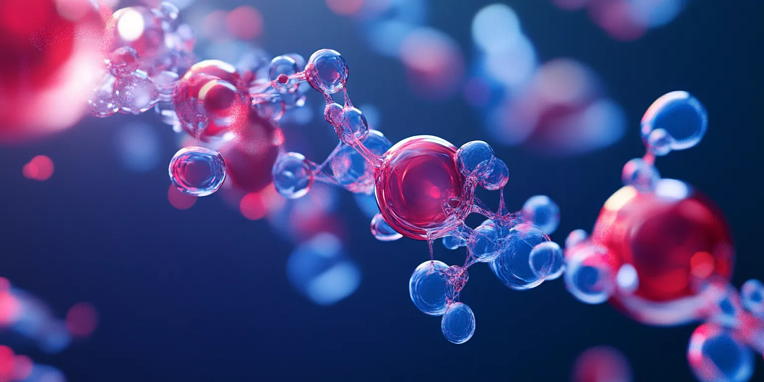Molecular structures in dynamic environment with red and blue spheres, light interplay, depth effects.