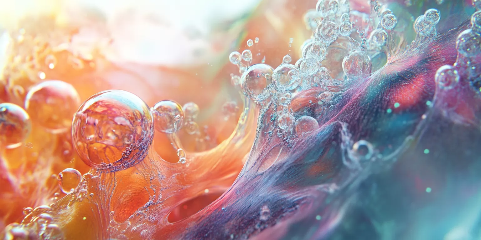 Abstract art with vibrant bubbles, liquid forms, and dynamic colors in warm and cool tones.