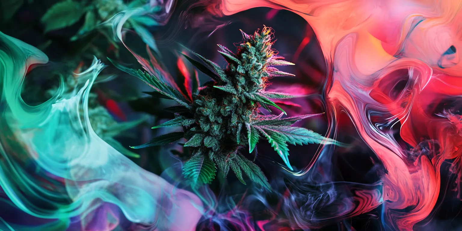 Cannabis plant with trichomes, colorful swirling background, vibrant buds and leaves.