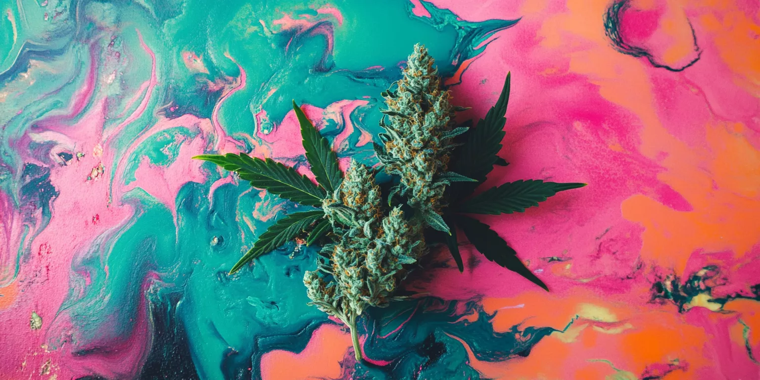 Vibrant cannabis buds with trichomes on a colorful abstract background.