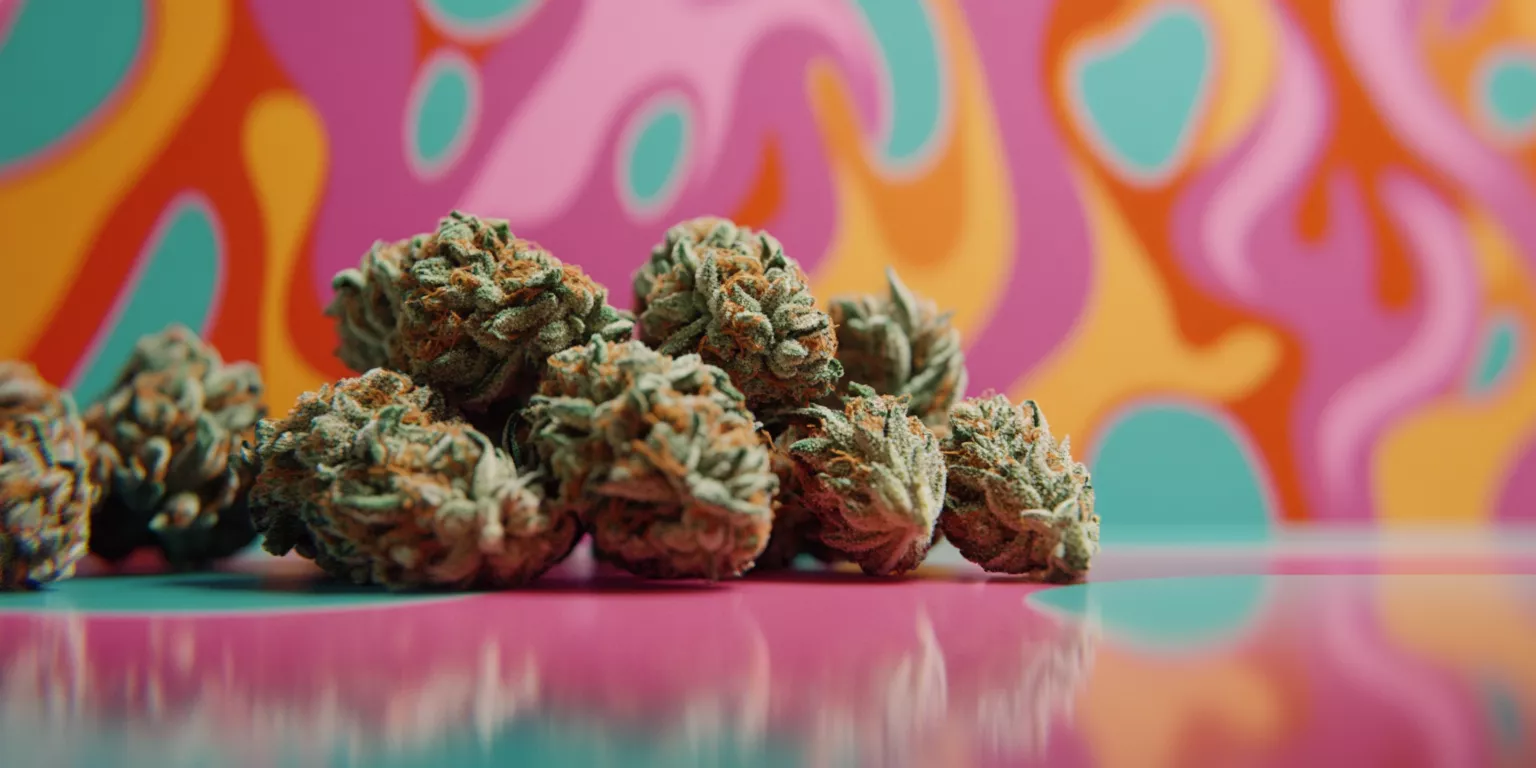 Cannabis buds on glossy surface with vibrant psychedelic mural background.