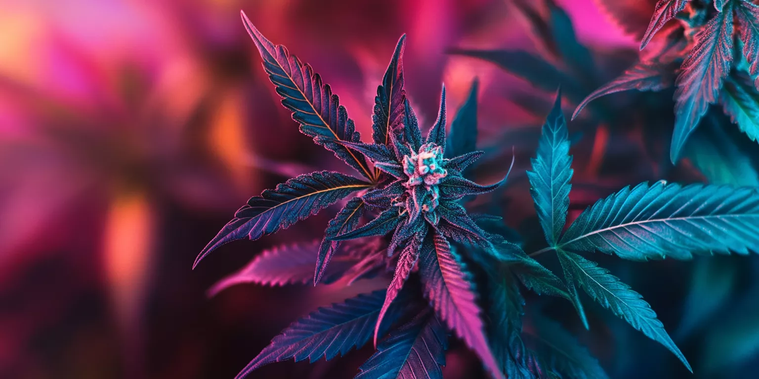 Close-up of colorful cannabis plant with serrated leaves and frosty trichome-covered bud.