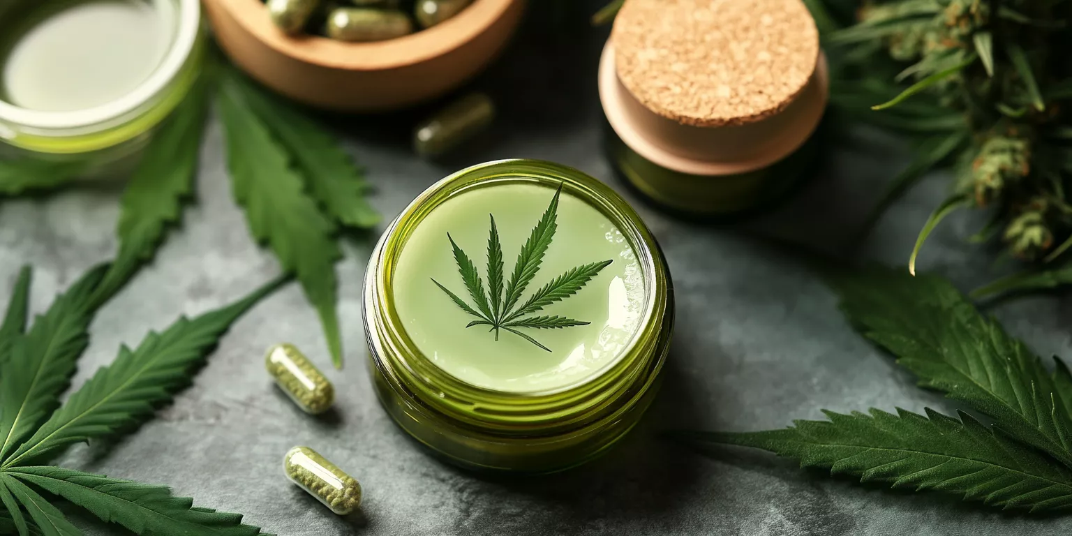 Cannabis-infused cream with green capsules, cannabis leaves, and natural wellness elements.