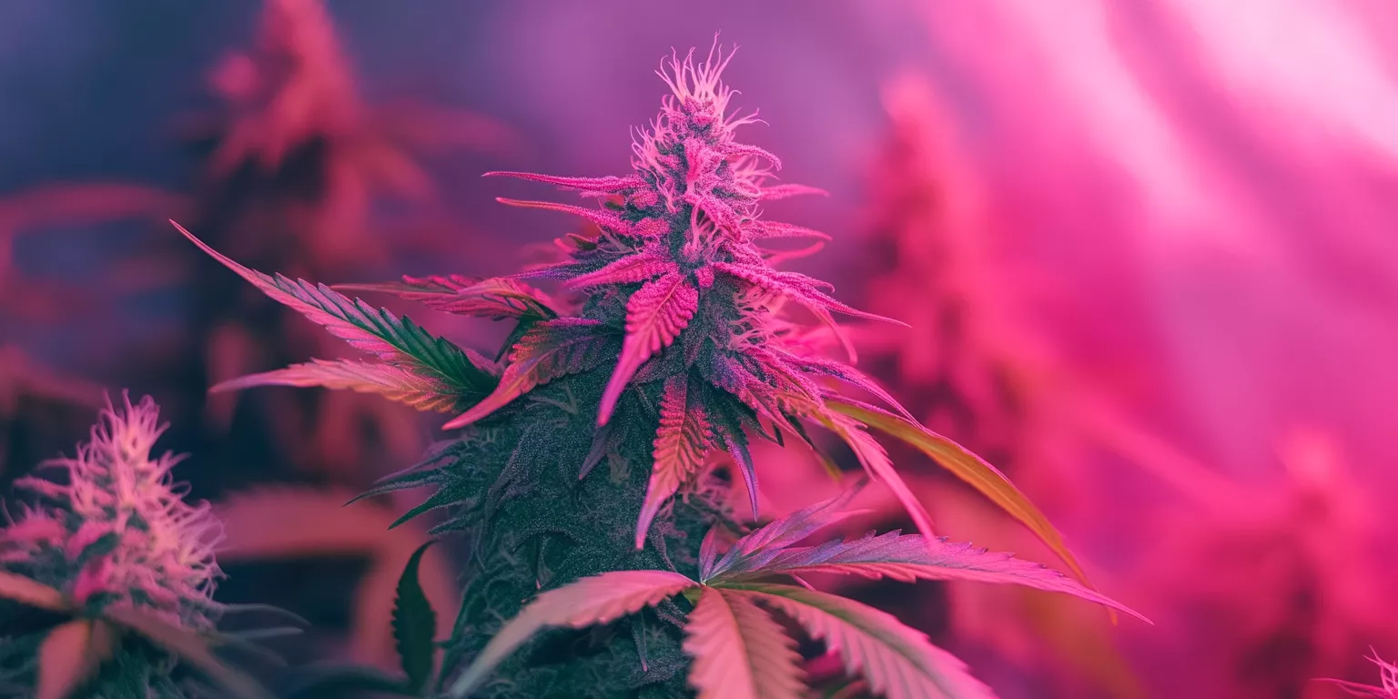 Cannabis plant close-up in ethereal pink light with vibrant leaves and frosted buds.