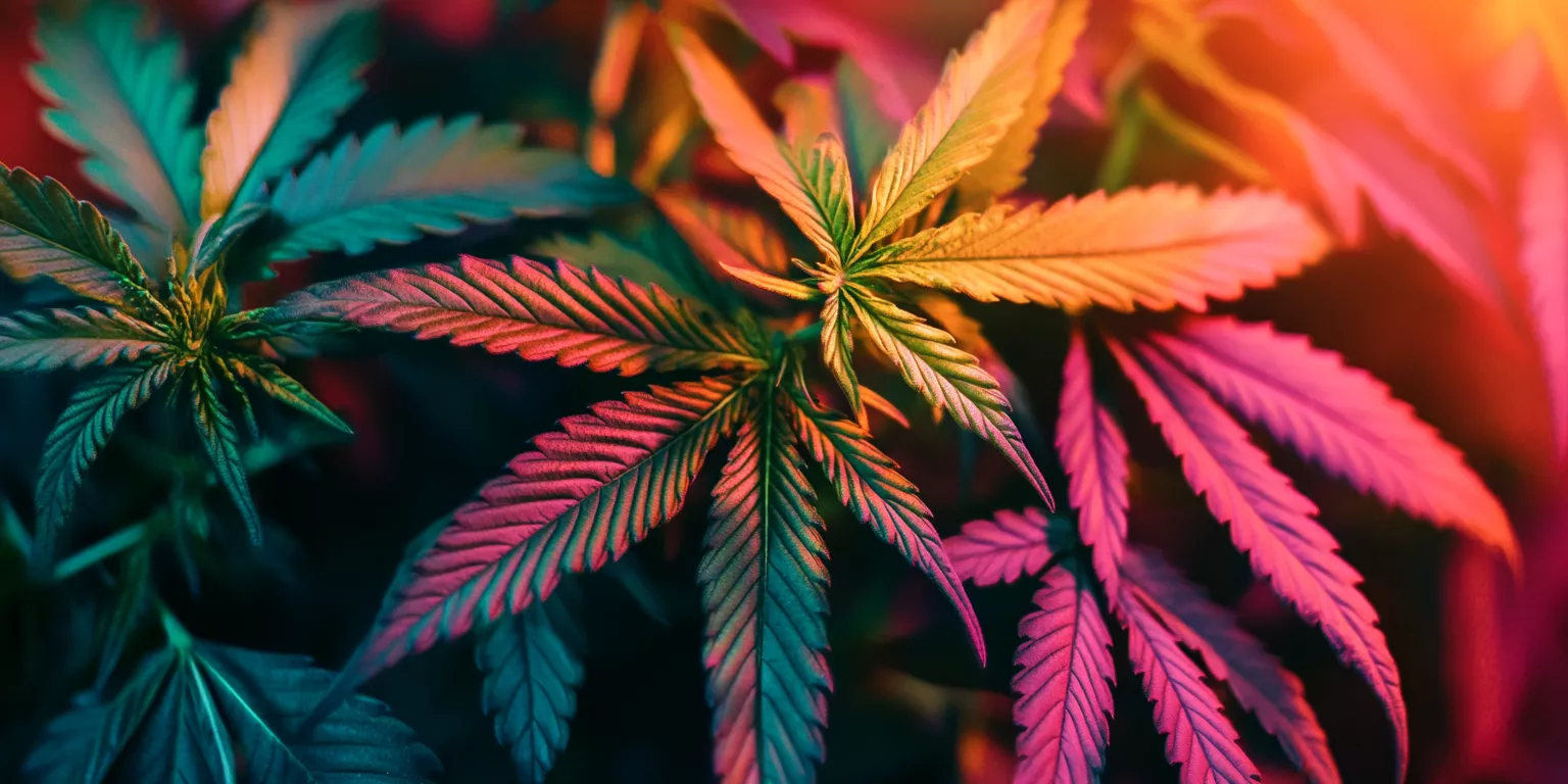 Cannabis leaves displaying vivid colors under artificial lighting in a controlled growth environment.