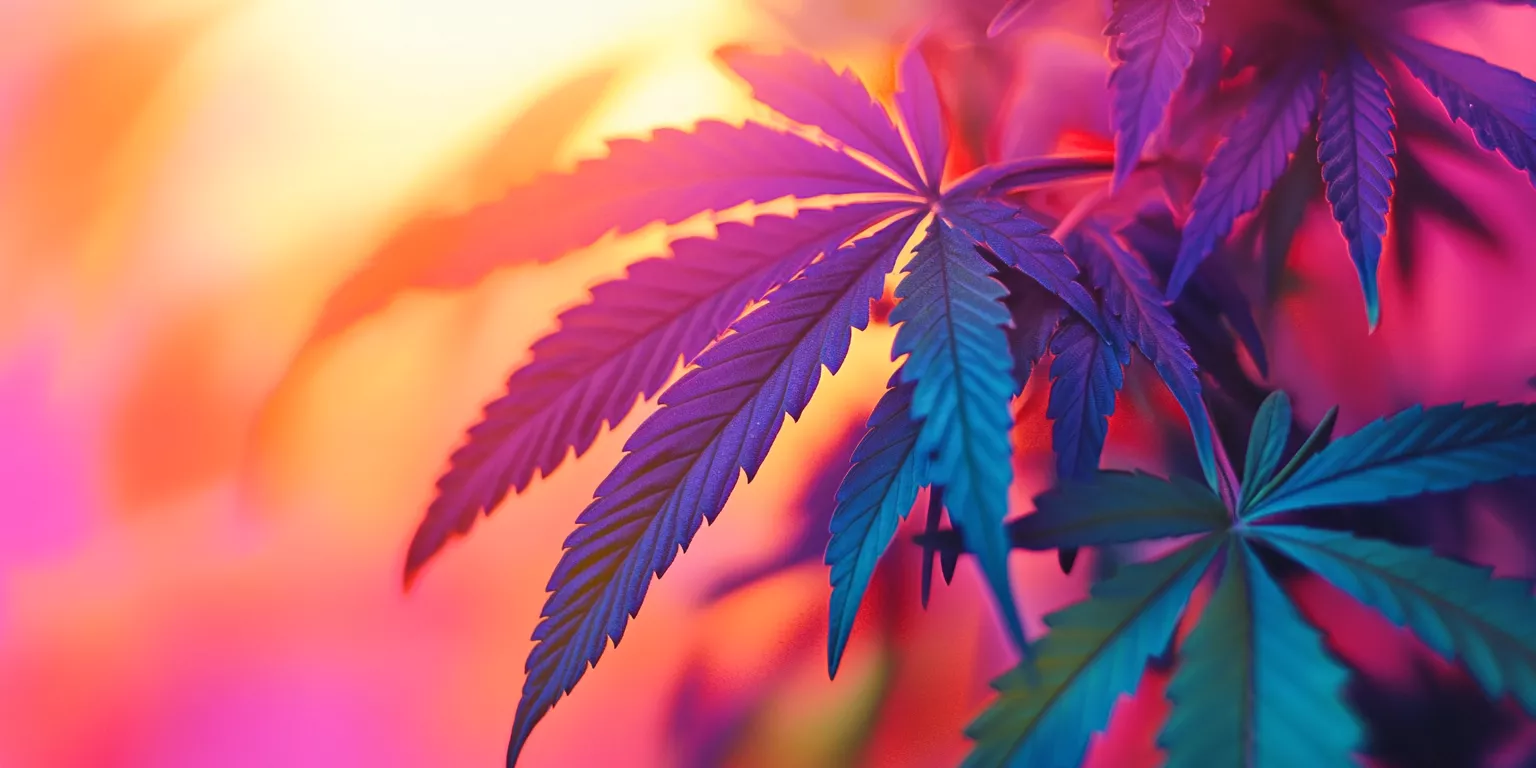 Colorful cannabis leaves close-up against a sunset-inspired background.