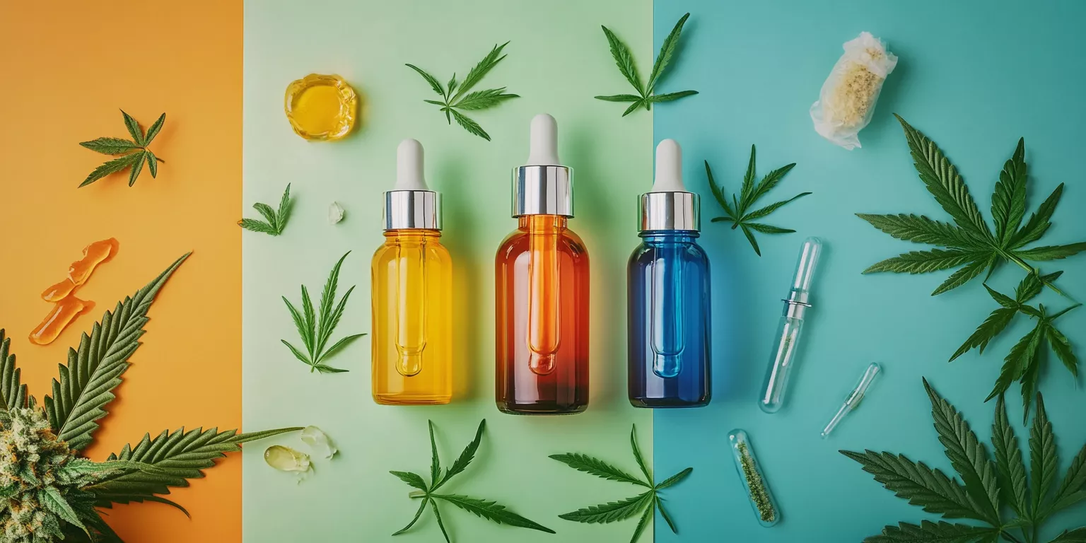 Cannabis oil bottles with dropper and leaves on colorful background.
