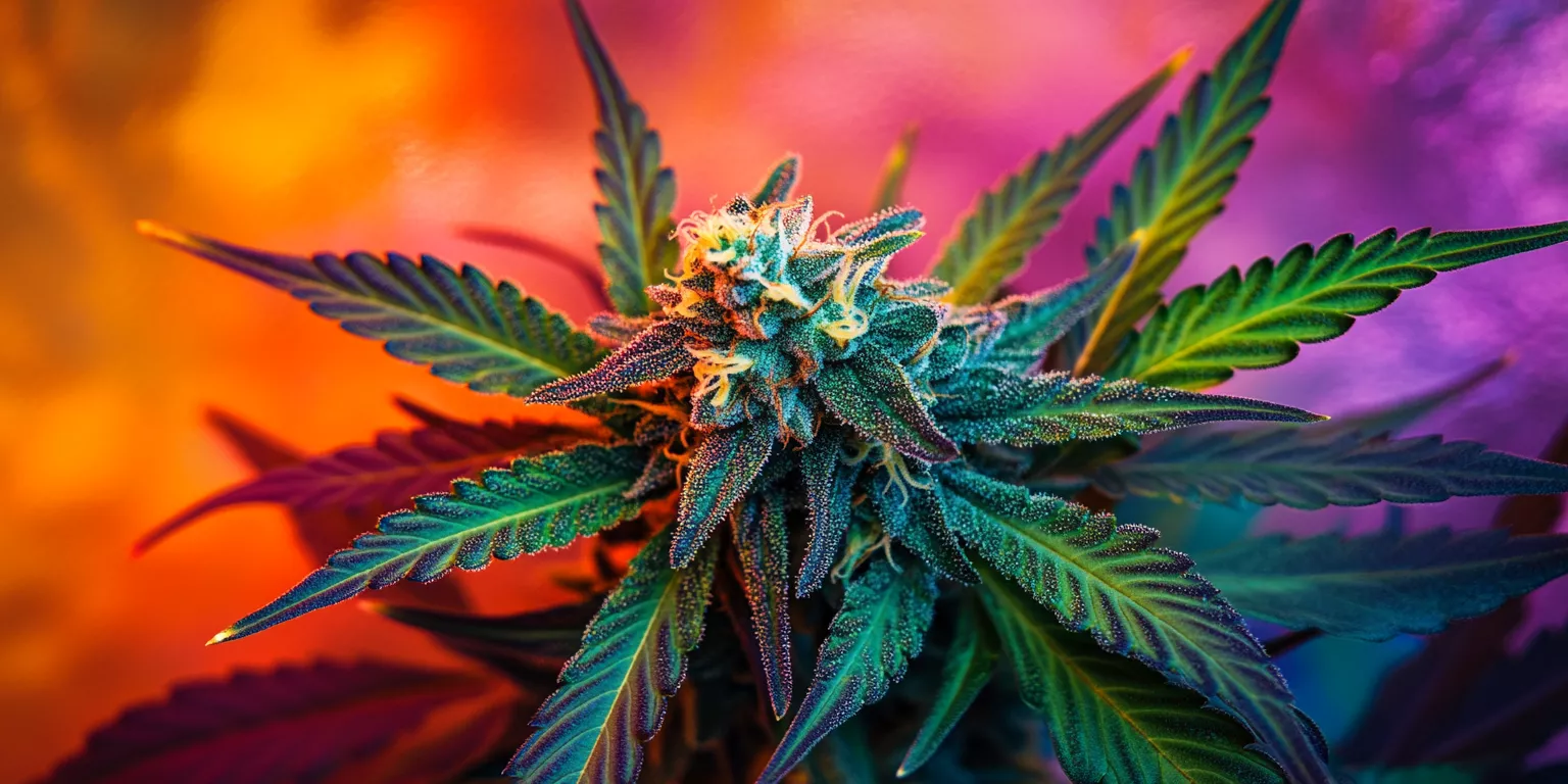 Close-up of vibrant cannabis plant with colorful leaves, dense buds, and sparkling trichomes.