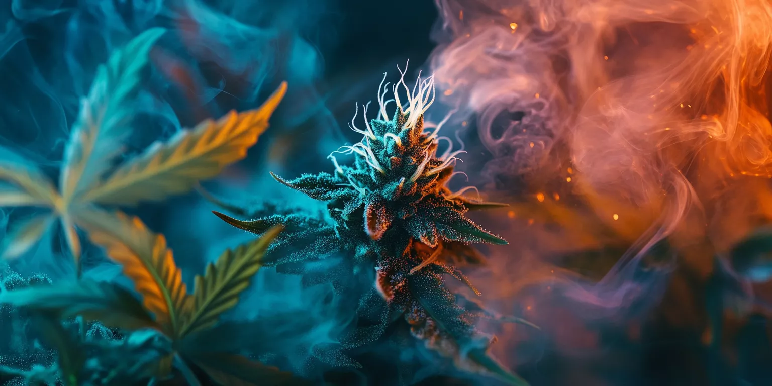 Close-up of a vibrant cannabis bud with colorful trichomes and swirling smoke background.