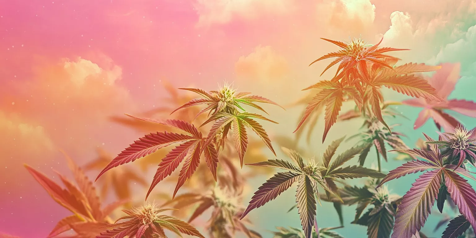 Cannabis plants with colorful leaves and frosty buds against a vibrant pastel sky at sunset.