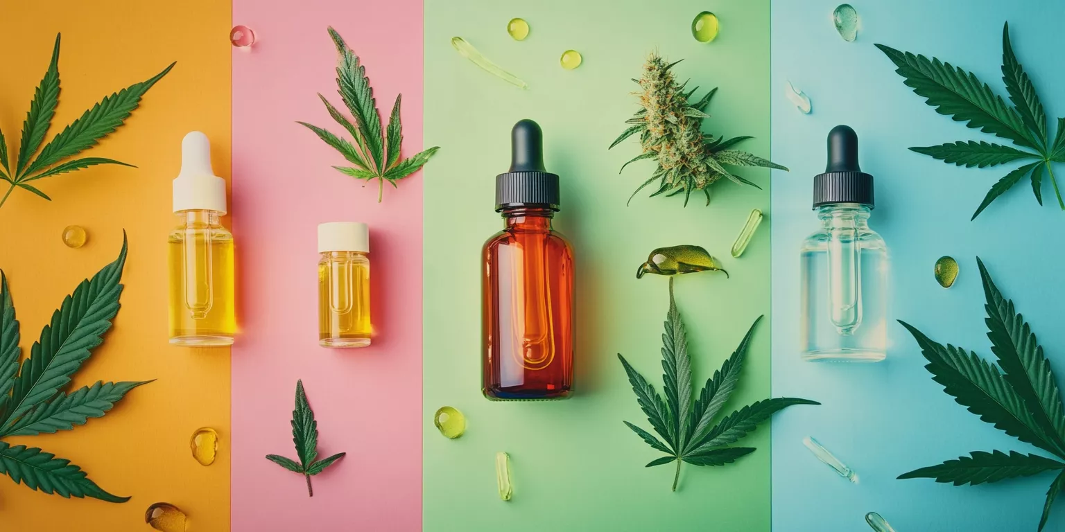 Vibrant cannabis products display with oils, leaves, capsules on colorful backgrounds.