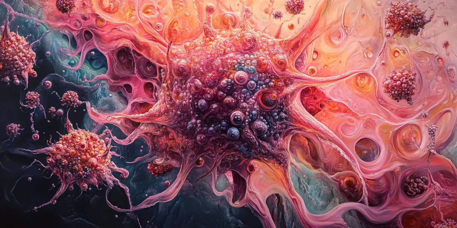 Abstract microscopic cellular scene with colorful organic shapes and dynamic movement.