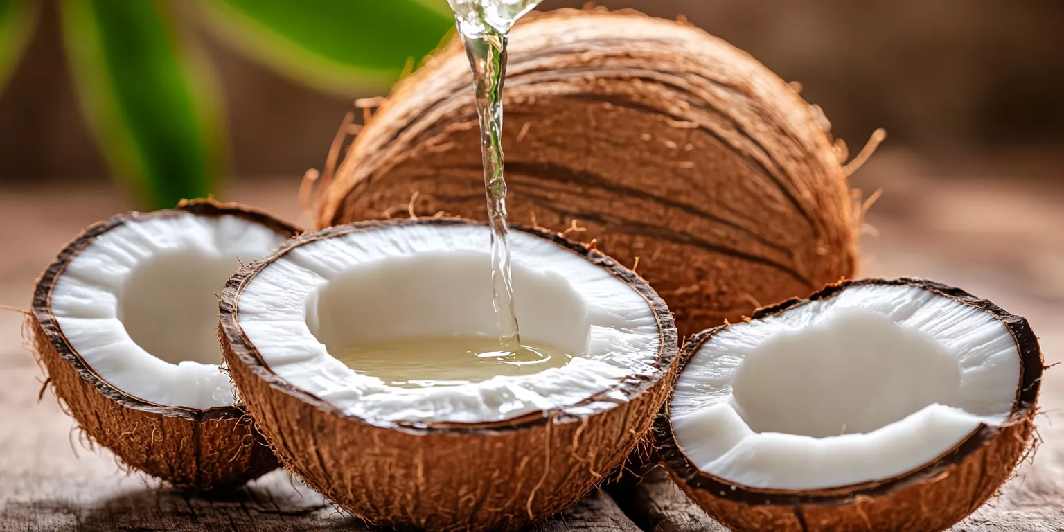 Close-up of coconut halves with coconut water pouring, on rustic wood, natural lighting.