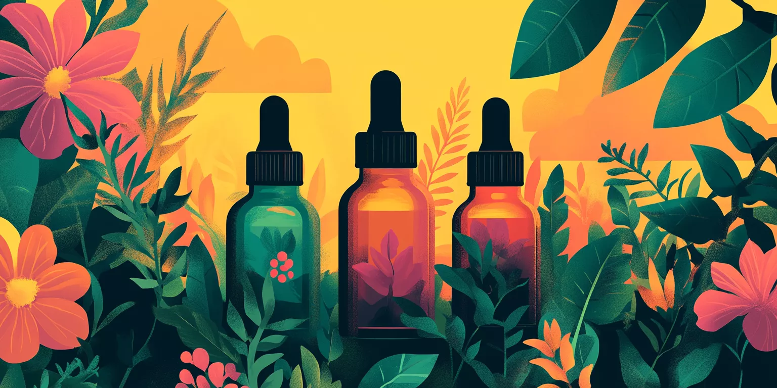 Three colored dropper bottles amid vibrant flowers, foliage, and a warm gradient sky.