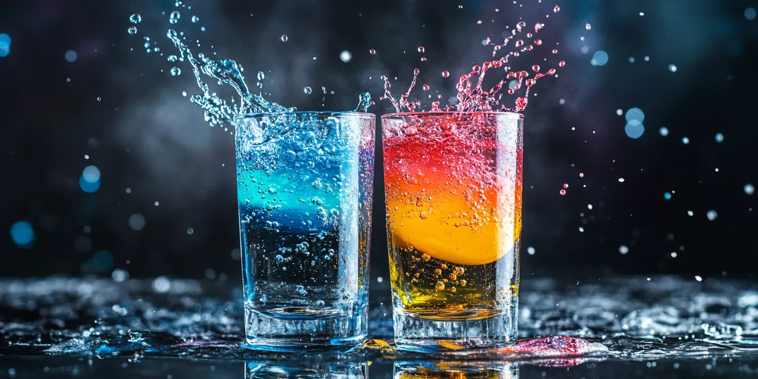 Colorful carbonated liquids splashing in tall glasses with vibrant bubbles and reflections.