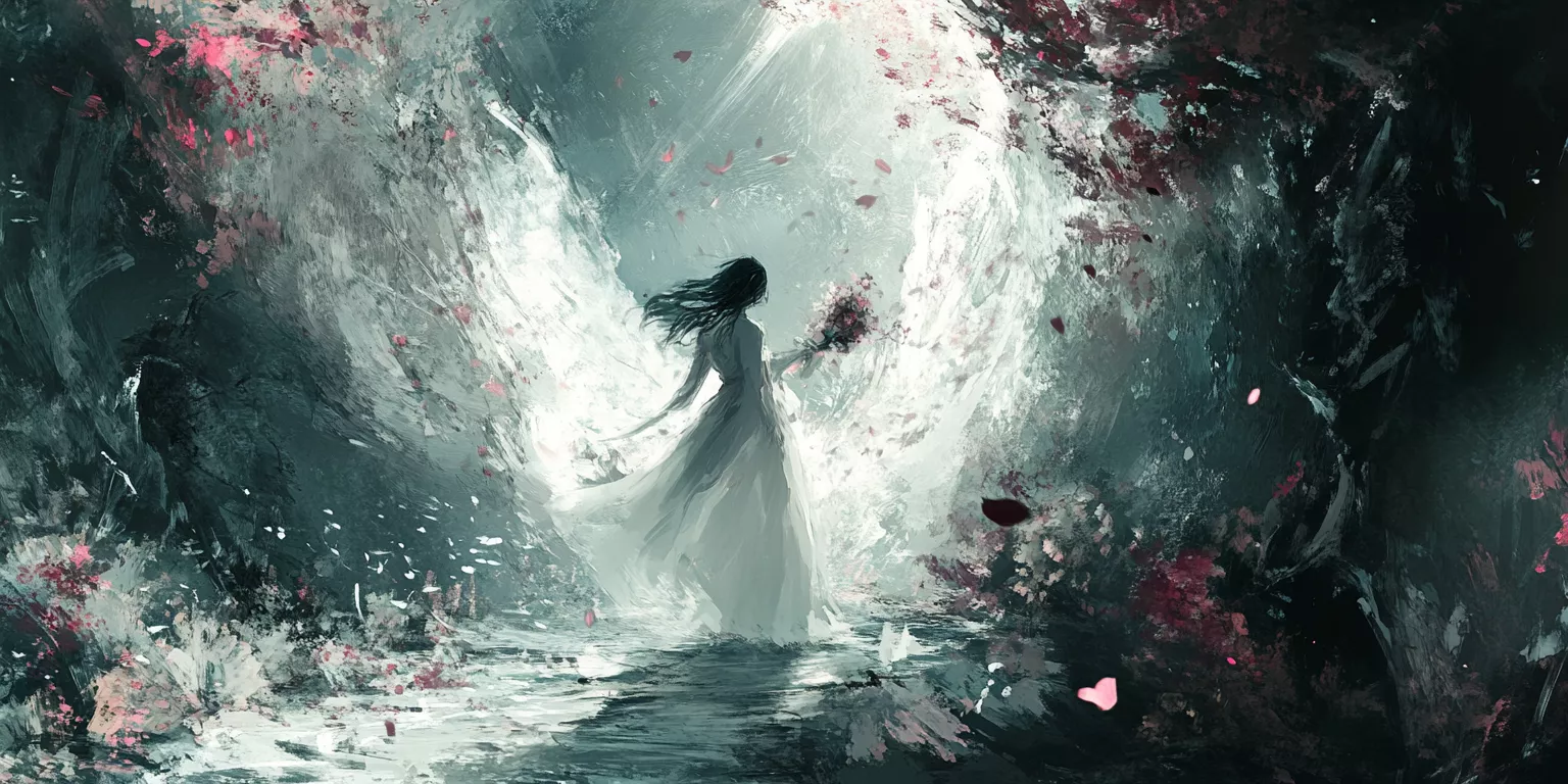 Fantasy figure with flowing gown in mystical forest, surrounded by ethereal light and movement.