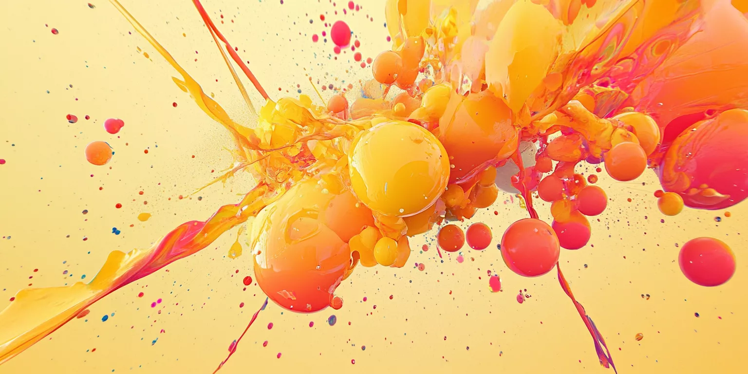 Vibrant paint explosion with dynamic orange, red, and pink droplets on a yellow background.