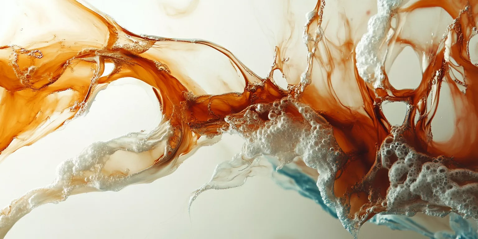 Abstract fluid artwork with swirling amber, white frothy textures, and hints of blue.