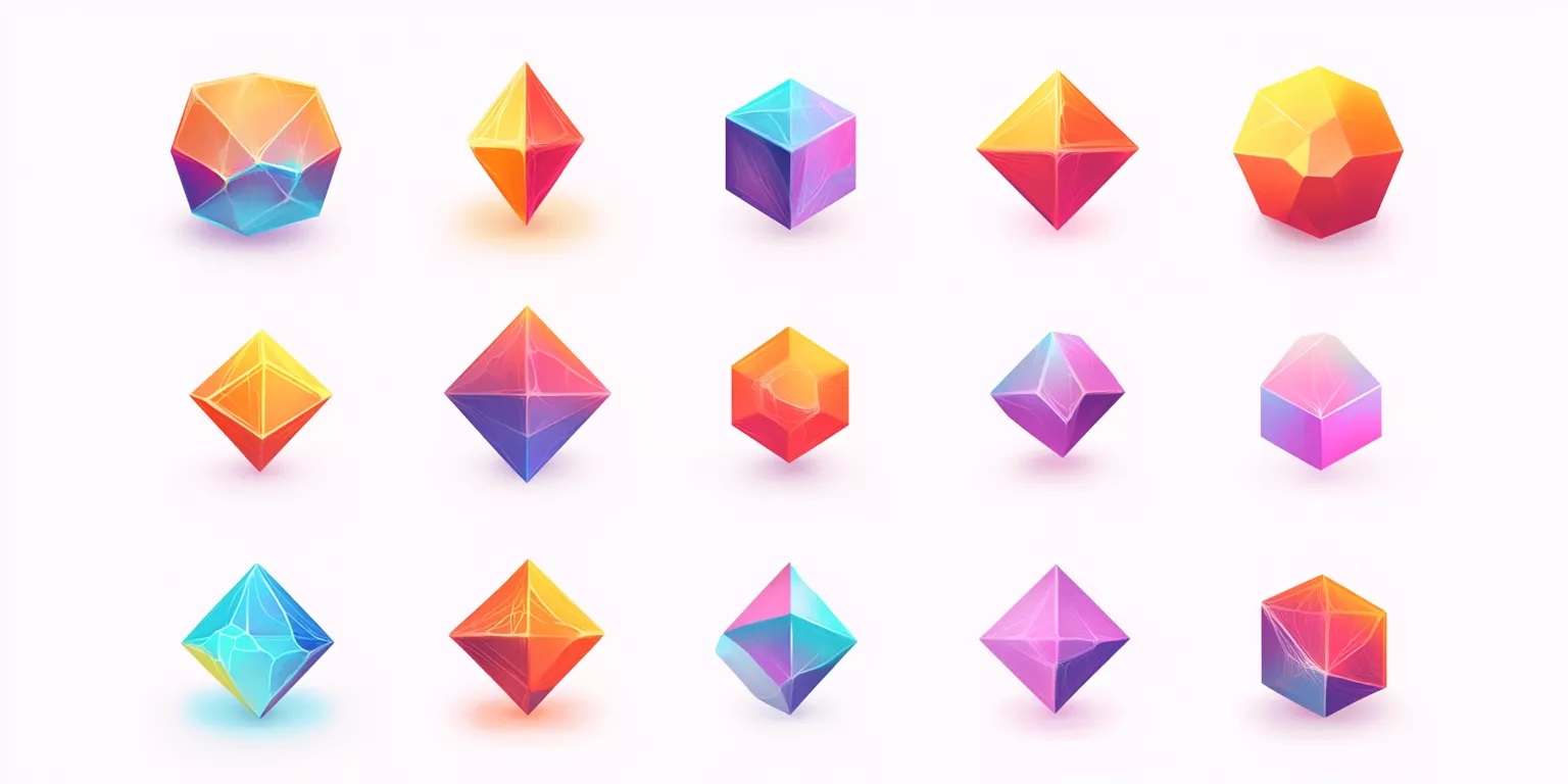 Colorful geometric shapes grid featuring octahedrons, cubes, and dodecahedrons with vibrant gradients.