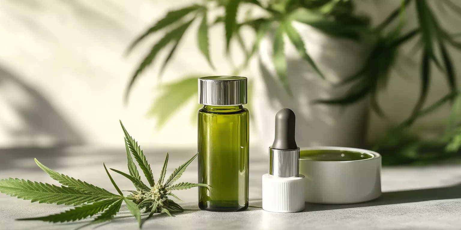 Cannabis oil bottle with dropper, fresh cannabis leaf and bud on natural backdrop.