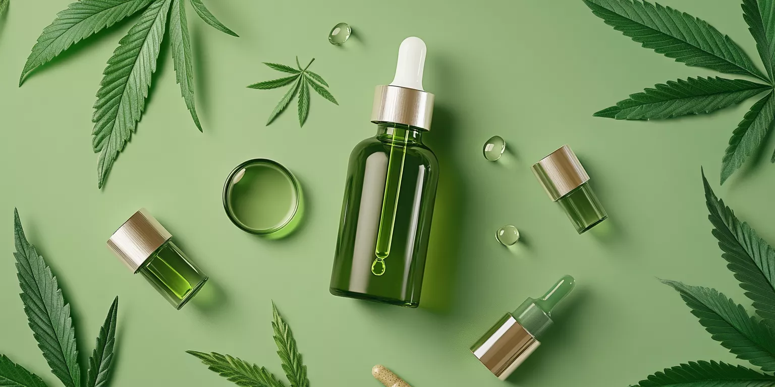 Green glass bottles with cannabis leaves, essential oils, and wellness supplements on a soft green background.