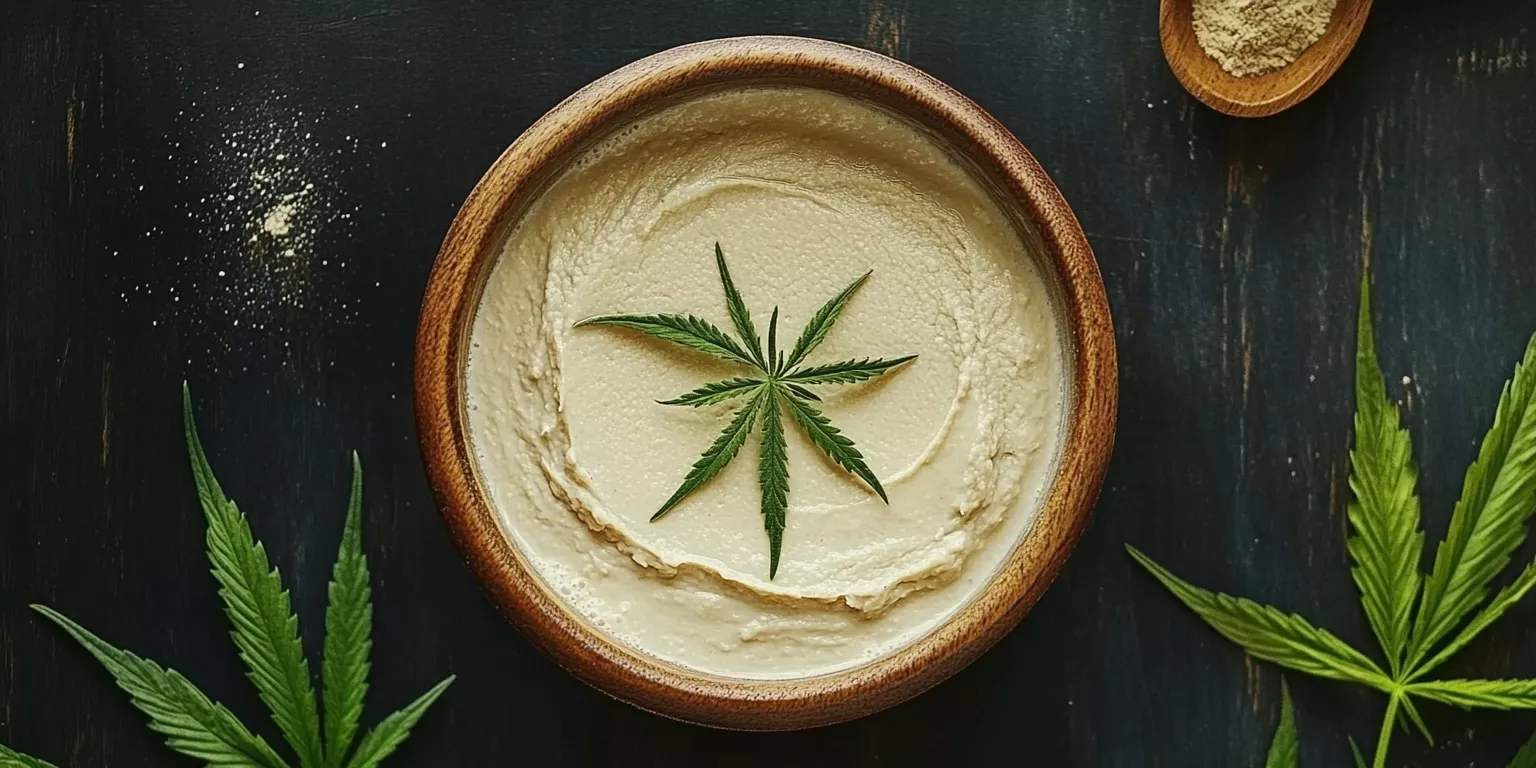 Hummus with cannabis leaf garnish on rustic wood, featuring artisanal, natural textures and colors.