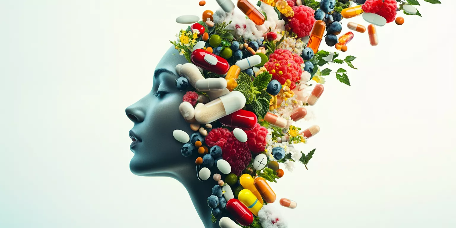 Human profile with colorful fruits, flowers, and pills, symbolizing nature and pharmaceuticals balance.