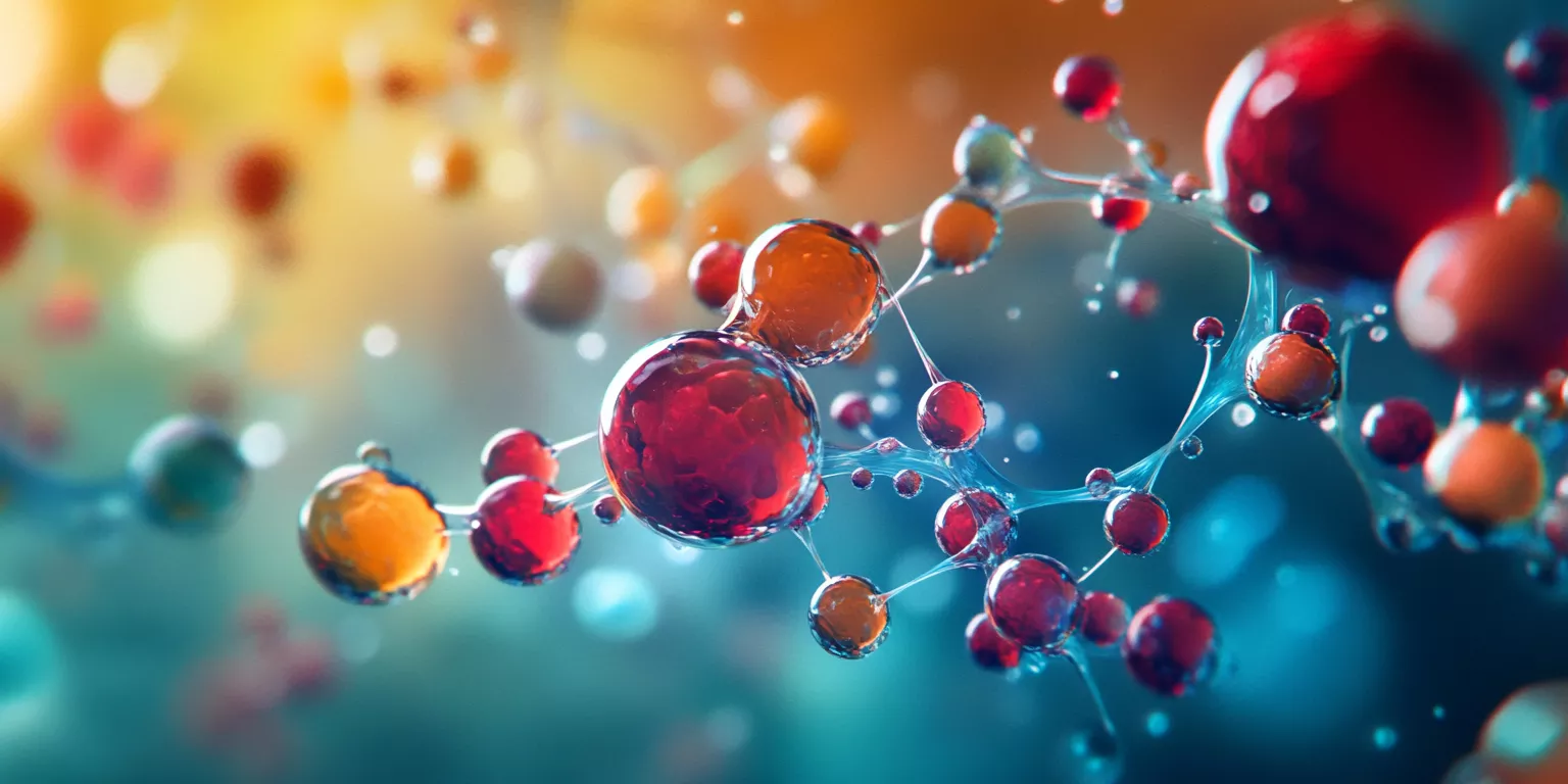 Vibrant molecular structures with colorful spheres and bonds against a blurred abstract background.