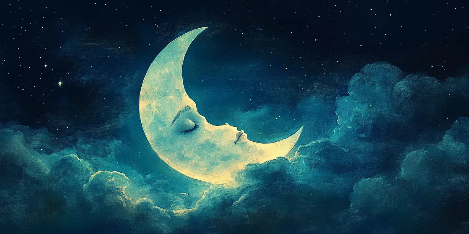 Dreamy crescent moon with human face amidst starry sky and fluffy blue clouds.