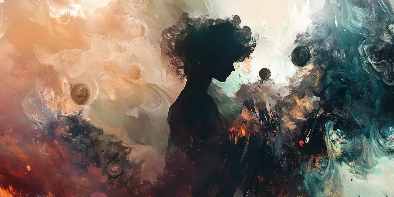Abstract silhouette with swirling vibrant colors, evoking mystery, introspection, and cosmic fluidity.