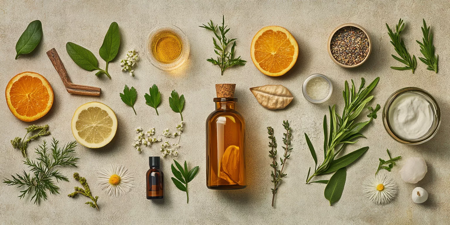 Holistic wellness flat lay with herbs, citrus, essential oils, and skincare products.