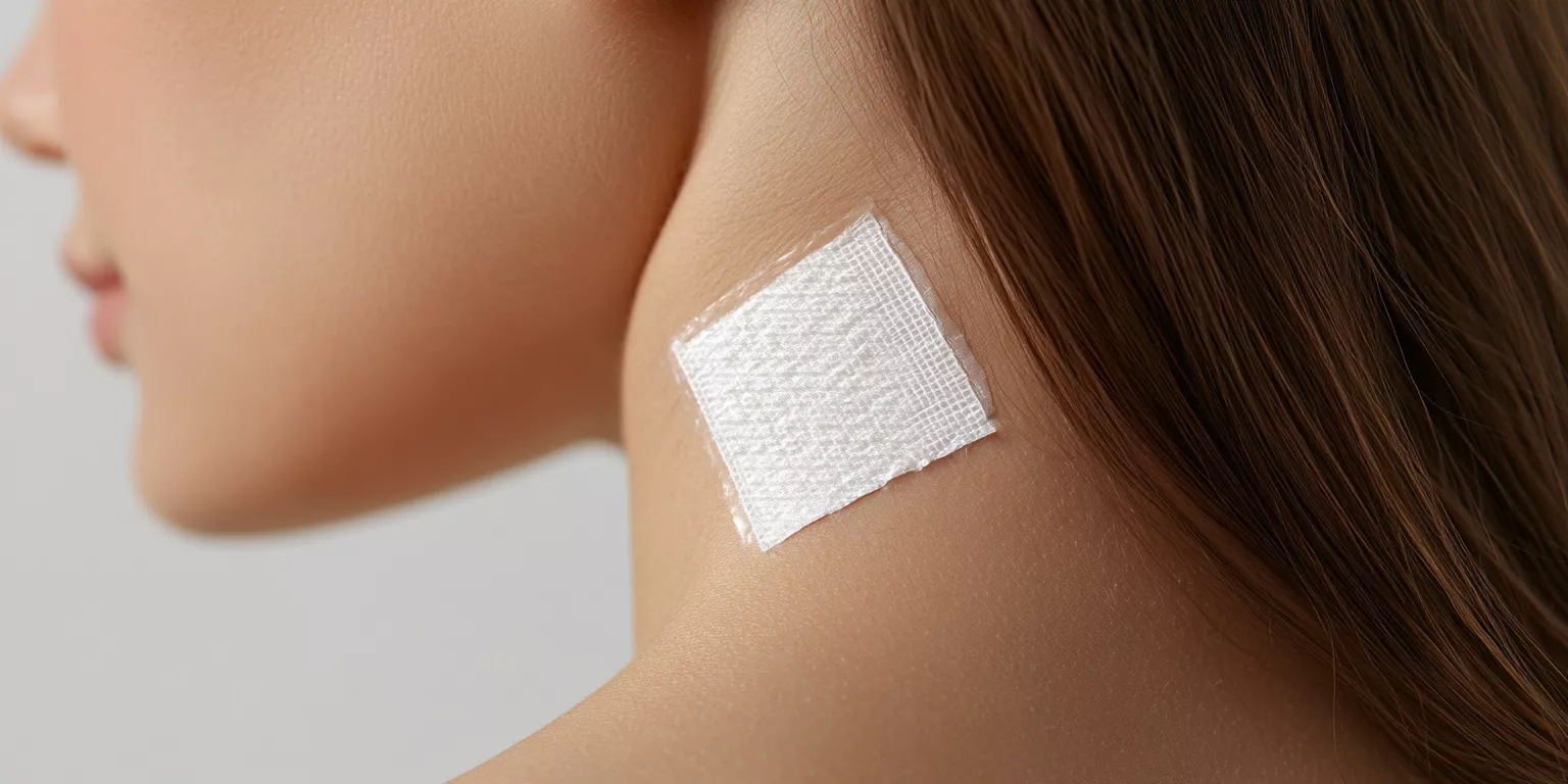 Close-up of neck with a gauze bandage for healing and protection, demonstrating skin care.